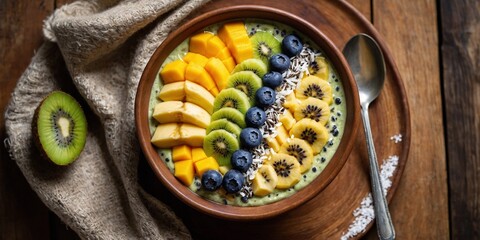 Vibrant tropical smoothie bowl with mango, pineapple, kiwi, banana, blueberries, coconut, and chia seeds in a ceramic dish on wood.