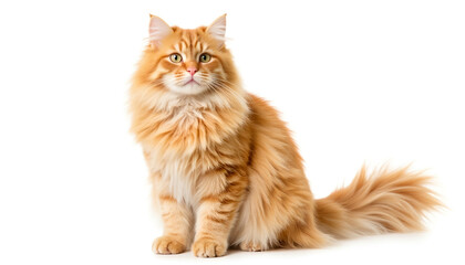 Fototapeta premium Orange cat sitting and looking forward with a fluffy coat 