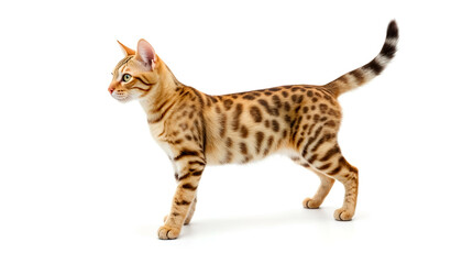Bengal cat walking gracefully on a plain white background  