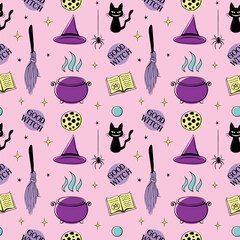 Halloween seamless pattern with good witch symbols - cat, magic book, witch hat, broom and cauldron. Power girls theme. Cute holiday kids decor