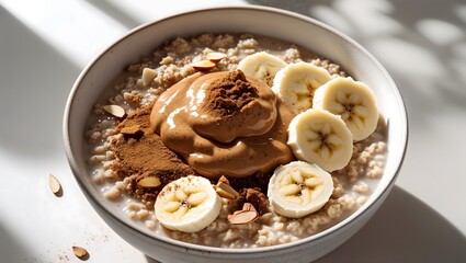 A cozy bowl of steel-cut oatmeal with almond butter, banana slices, and cinnamon.