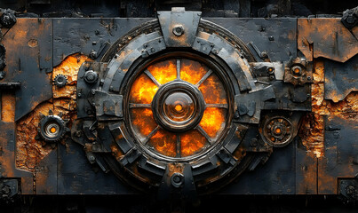 Rusted, metallic object featuring a glowing, circular aperture with intricate, mechanical details and rough, eroded textures