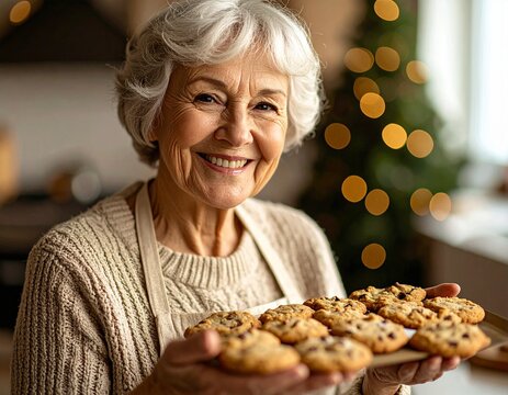 An elderly woman holding cookies