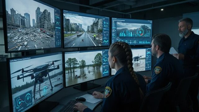 Experts Monitor Disaster Response in a High-Tech Control Center During Severe Weather Analysis