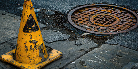 Damaged Traffic Cone and Rusty Manhole Cover on Cracked Asphalt