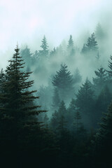 Fototapeta premium Misty evergreen forest scene perfect for nature websites, ecofriendly brands, green marketing materials, outdoor blogs, and travel magazines.