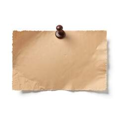 An old brown paper note is pinned with a tack, isolated on transparent background