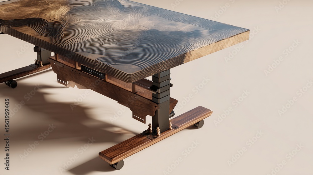 Wall mural standing desk adjustable wooden top view for ergonomic working with cloudy background use