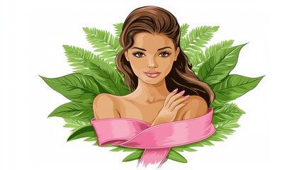 Beautiful woman portrait with vibrant green leaves behind her and a pink ribbon. Wellness and nature concept. For beauty poster, spa advertisement.