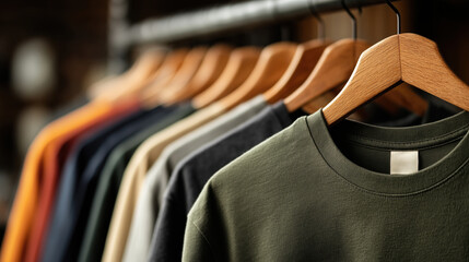 Obraz premium Row of assorted color t-shirts on wooden hangers in clothing store, neatly arranged on rack with soft focus background. Fashion retail.