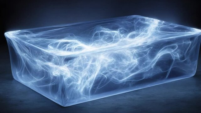 Abstract, glowing, rectangular prism.  Light blue, ethereal, flowing energy within a box shape on a dark surface