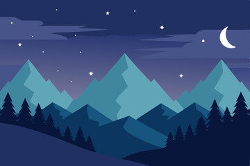 Fototapeta premium Serene Night Majestic Mountains under a Crescent Moon