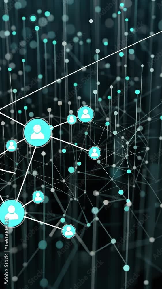 Poster visualization of a dynamic digital network, featuring user nodes and connections that illustrate dat