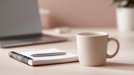 Workspace essentials on beige desk for professional or remote work settings; ideal for business, education, technology, and office related concepts.