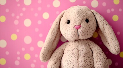 Fototapeta premium Adorable Bunny Plush on Polka Dot Background - Cute Soft Toy with Playful Pattern for Kids' Room Decor or Easter Concept