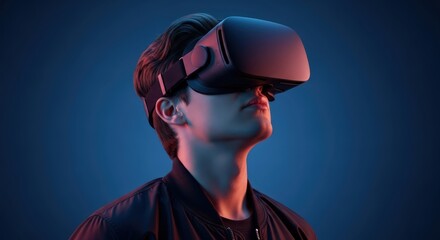 A person wearing a virtual reality headset looking upwards in studio