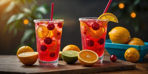 Bright fruit punch in colorful plastic cup with citrus slices, cherries, and paper umbrella garnish.