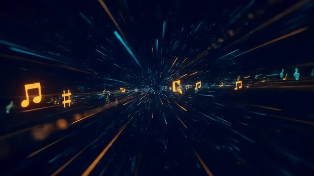 Animated Musical Notes In Blue And Orange Colors Against Dark Background
