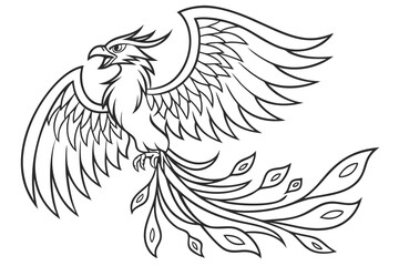 Line art of a fierce phoenix, suitable for a coloring page, simple lines, no shading, clear outlines, black and white