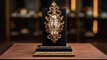 Ornamented item on display; antique shop background; jewelry or decor promotion image