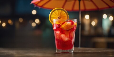 Bright fruit punch in colorful plastic cup with citrus slices, cherries, and paper umbrella garnish.