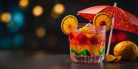 Bright fruit punch in colorful plastic cup with citrus slices, cherries, and paper umbrella garnish.