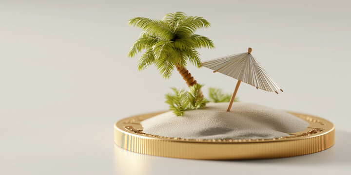 Miniature beach scene on a gold coin suitable for financial, travel, summer themed designs, concept of value, vacation savings motivation.