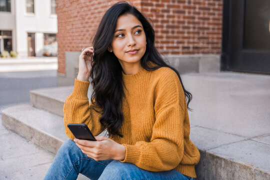 Young woman in mustard sweater holding phone on steps.
