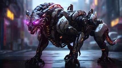 Futuristic Mechanical Feline Creature in a Cityscape