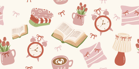 Cozy home decor seamless pattern with books, clocks, pillows, and flowers. Perfect for background, banner, wallpaper, and cute designs.