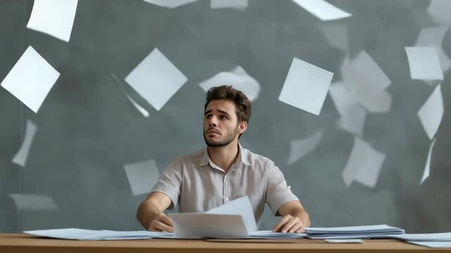 A man is sitting at a desk with papers flying everywhere. He looks frustrated and overwhelmed. The scene suggests that he is dealing with a lot of paperwork and is struggling to keep up with it