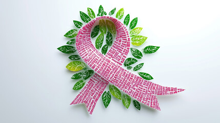 Pink textured ribbon with green leaves on white. Breast cancer awareness and support. Medical campaign.