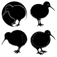 Four kiwi bird silhouettes in various poses on a white background in a vector illustration style