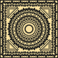 Contour ornament for bandana, neckerchief, tablecloth. Monochrome black and beige palette. Vector illustration