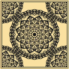 Outline ornament for bandana, neckerchief, tablecloth or other. Monochrome black and beige palette. Vector illustration