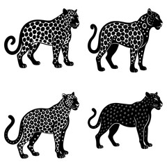 Four stylized black and white leopards with spots standing in various poses on a white background