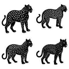 Four black and white jaguars standing with different spot patterns in a repeating arrangement style image