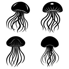 Four jellyfish silhouettes with flowing tentacles in a symmetrical arrangement on a white background
