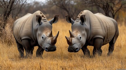 Fototapeta premium Two white rhinos facing each other in a savanna