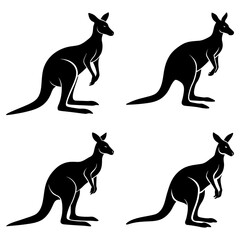 Four black kangaroo silhouettes in various standing poses against a white background image design