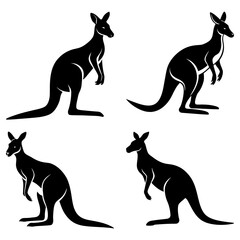 Four kangaroo silhouettes in various poses standing and hopping on a white isolated background design