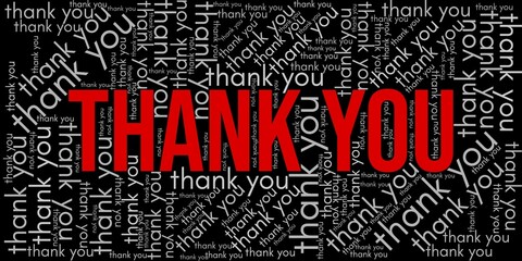 Word cloud illustration featuring the phrase “Thank You” prominently in the center, surrounded by many variations of “thank you” repeated in different sizes and orientations. A modern, positive design