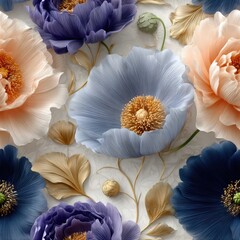 Delicate floral design features peonies, roses, and lilies in pastel hues with touches of dusty rose pink, teal green, and golden yellow SEAMLESS PATTERN
