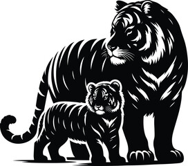 Protective Tigress and Cub silhouette vector illustration isolated on a white background
