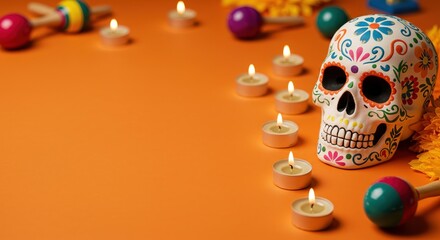 Orange background, skulls, candles and maracas - mexican day of the dead