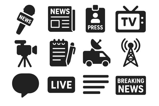 12 black media icons. Solid vector for journalism, broadcasting, and reporting.