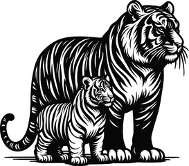 Protective Tigress and Cub silhouette vector illustration isolated on a white background
