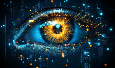 An eye, glowing gold inside a blue matrix of digital data flowing all around