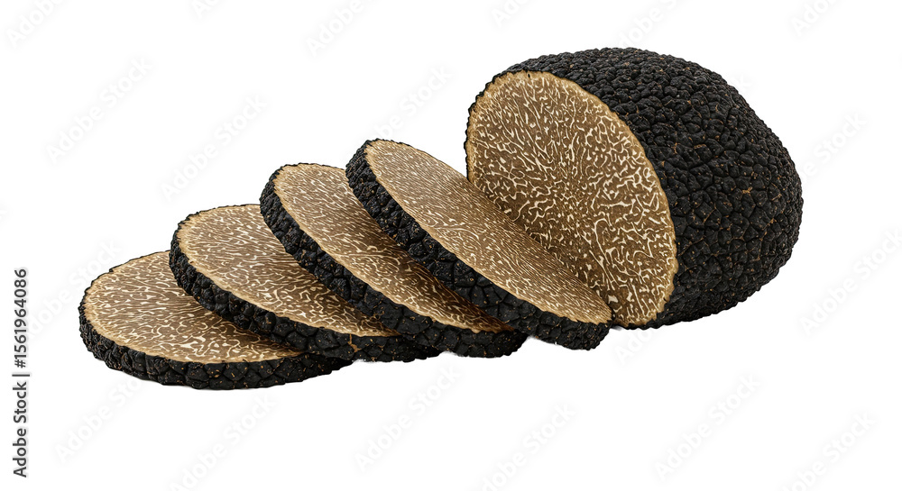Aufkleber sliced black truffle on a black background showcasing its intricate internal pattern.
