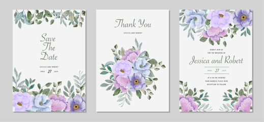 wedding invitation card blue purple floral watercolor